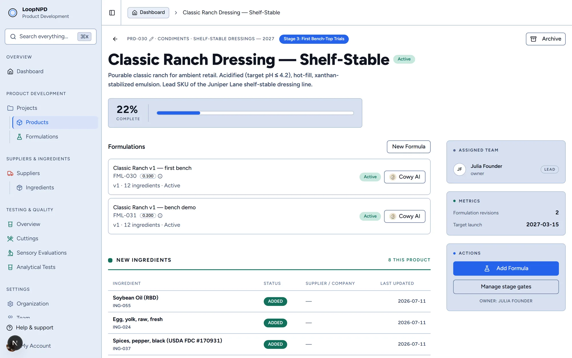 Product page for the shelf-stable Classic Ranch dressing: stage progress, its formulation, new ingredients, and a Millie AI button.